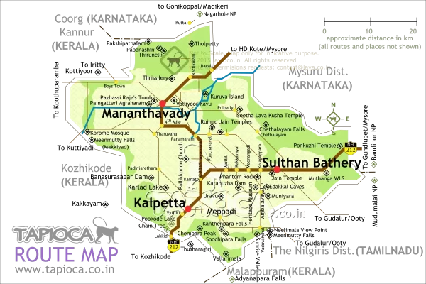 Road Map with major attractions in Wayanad