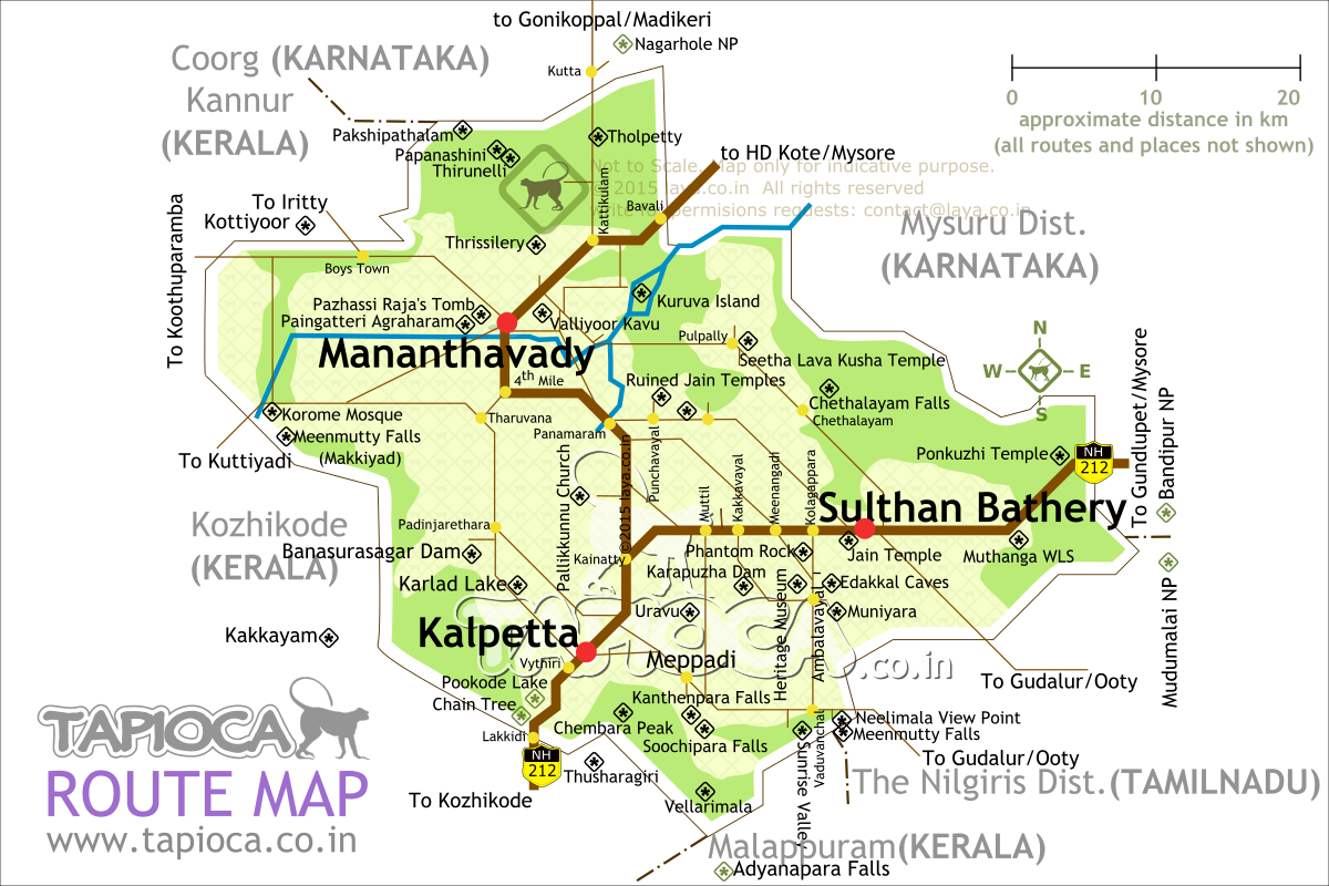 Road Map with major attractions in Wayanad.
