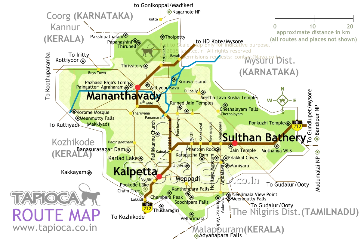 Road Map with major attractions in Wayanad