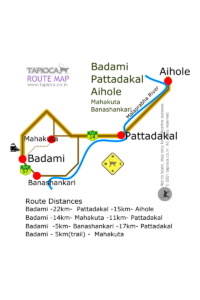 Badami Aihole Pattadakal route Distances. Badami has a railway station. For the rest of the places travel by road. Badami -22km- Pattadakal -15km- Aihole. Badami -14km- Mahakuta -11km- Pattadakal. Badami -5km- Banashankari -17km- Pattadakal. Badami - 5km(trail) - Mahakuta
