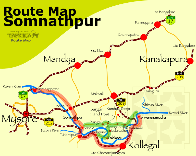 You can reach by two routes, from Mysore. The first route is via Bannur, located about 8km north of Somnathpur. The distance is about 32km from Mysore.Take SH33 towards Malavalli and Bangalore to come out of Mysore city. At Bannur leave the highway and take the right diversion to Somnathpur.
<strong>Road Route 1(via Bannur):</strong> Mysore --> 25km --> Bannur --> 8km --> Somnathpur

The other road route from Mysore is via T.Narsipur and Sosale. T.Narsipura is about 8km south of Somnathpur. Mysore to Somnathpur via T.Narsipur is about 41km (25miles). Take the NH212 out of Mysore city. At T. Narsipur leave the highway and take diversion to Somnathpur road (Bannur road). <strong>Road Route 2 (via T. Narsipur):</strong> Mysore --> 35km --> T.Narsipur --> 8km --> Somnathpur