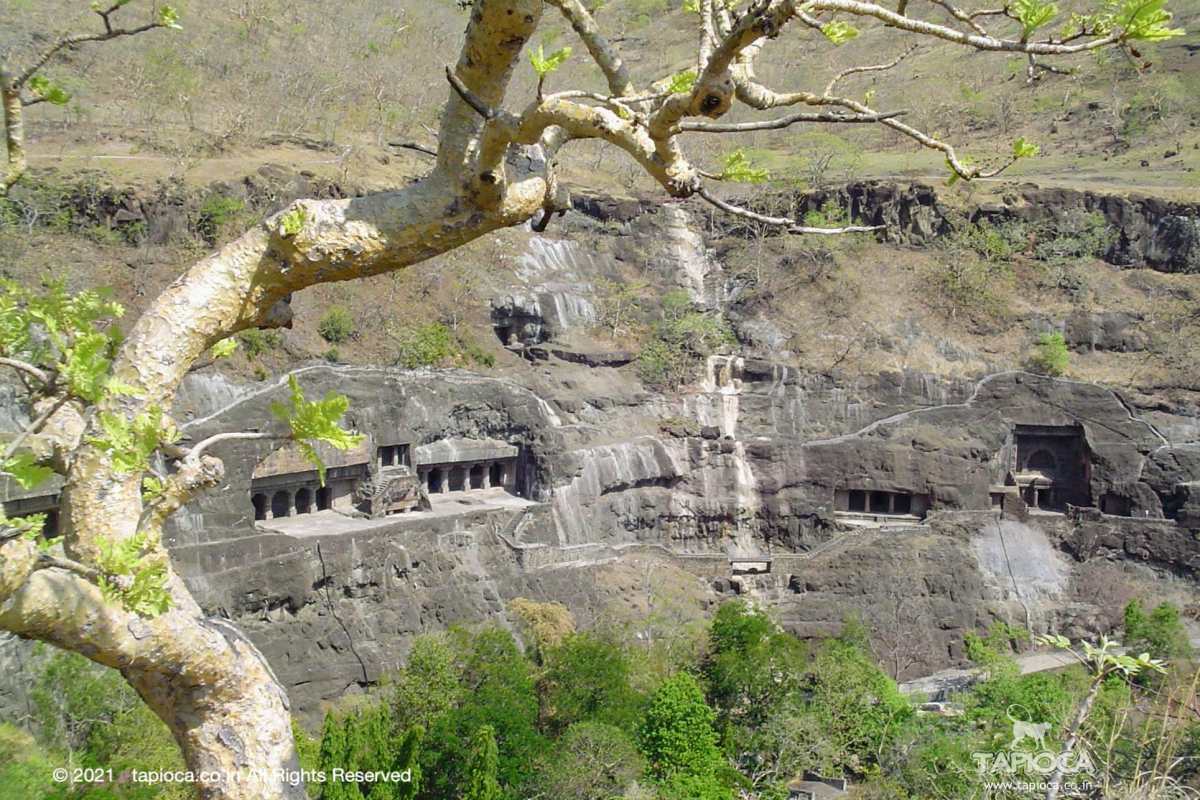 Ajanta Caves viewed from the opposite side of the arc 