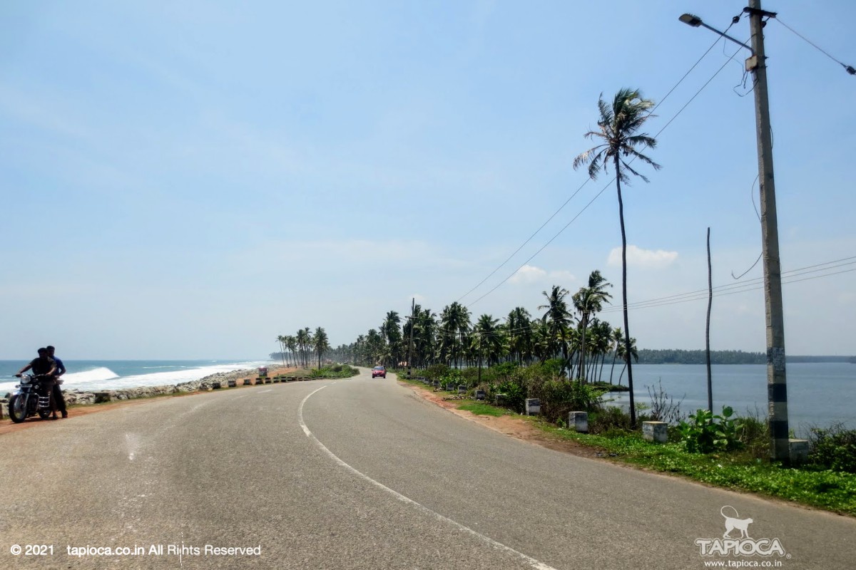 Road from Varkala to Kollam pass through this narrow strip separated by Backwater and the sea