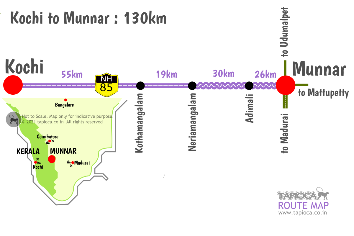 Munnar is about 130km east of Ernakulam town. NH85 connects Munnar with Ernakulam.