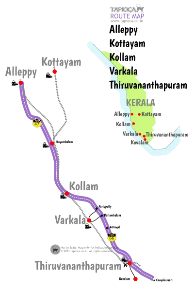 Varkala to Alleppey road and rail routes