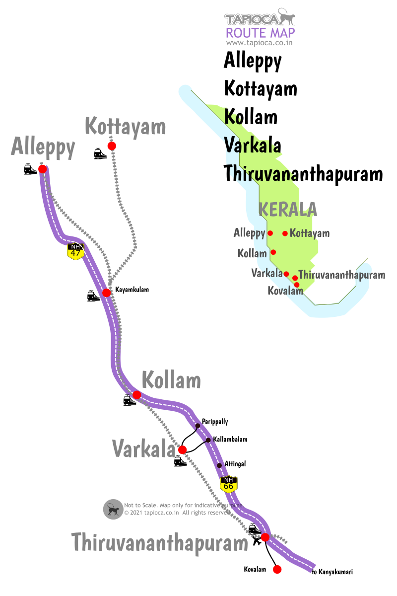 Varkala to Alleppey, Thiruvananthapuram, Kollam, Kottayam road and rail routes