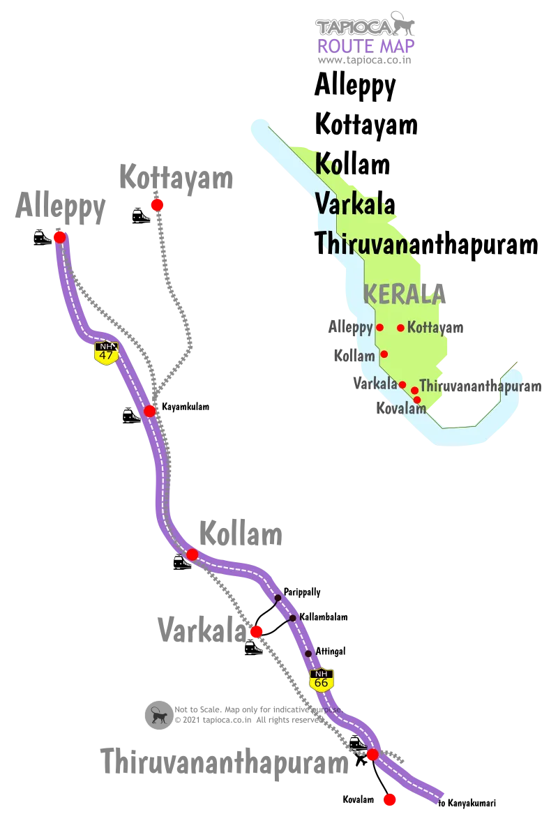 Varkala to Alleppey road and rail routes