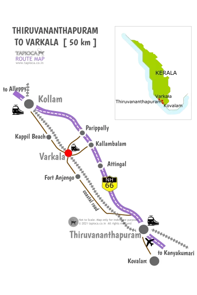Thiruvananthapuram to Varkala distance is about 50km.
