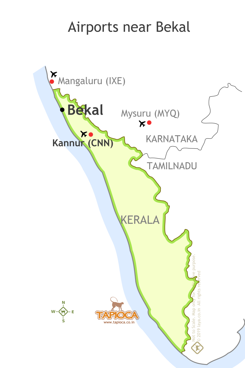 Kannur ( CNN) is the nearest airport for Bekal ( abou 100km)

Other nearest options are Mysure (MYQ) and Kozhikode (CCJ). Mysore is 195km east of Bekal. Kozhikode is 245km south of Bekal.

