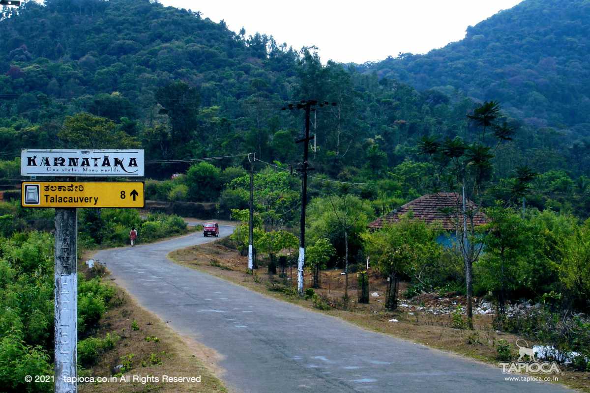 Talacauvery is about 8km off from the Madikeri to Panathur (Kerala) route. Take the diversion at  Bhagamandala.