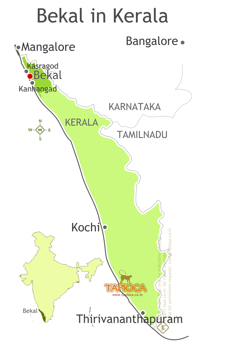 Bekal is located in the north Kerala district of Kasargod. Mangalore is about 70km north of Bekal. Bangalore is 365km east of Bekal. Kochi is about 350km south.
