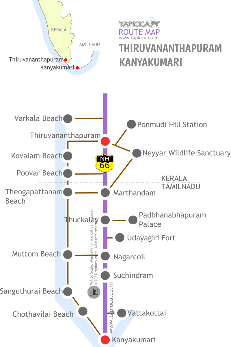 Thiruvananthapuram to Kanyakumari. Popular tourism attractions along the route.