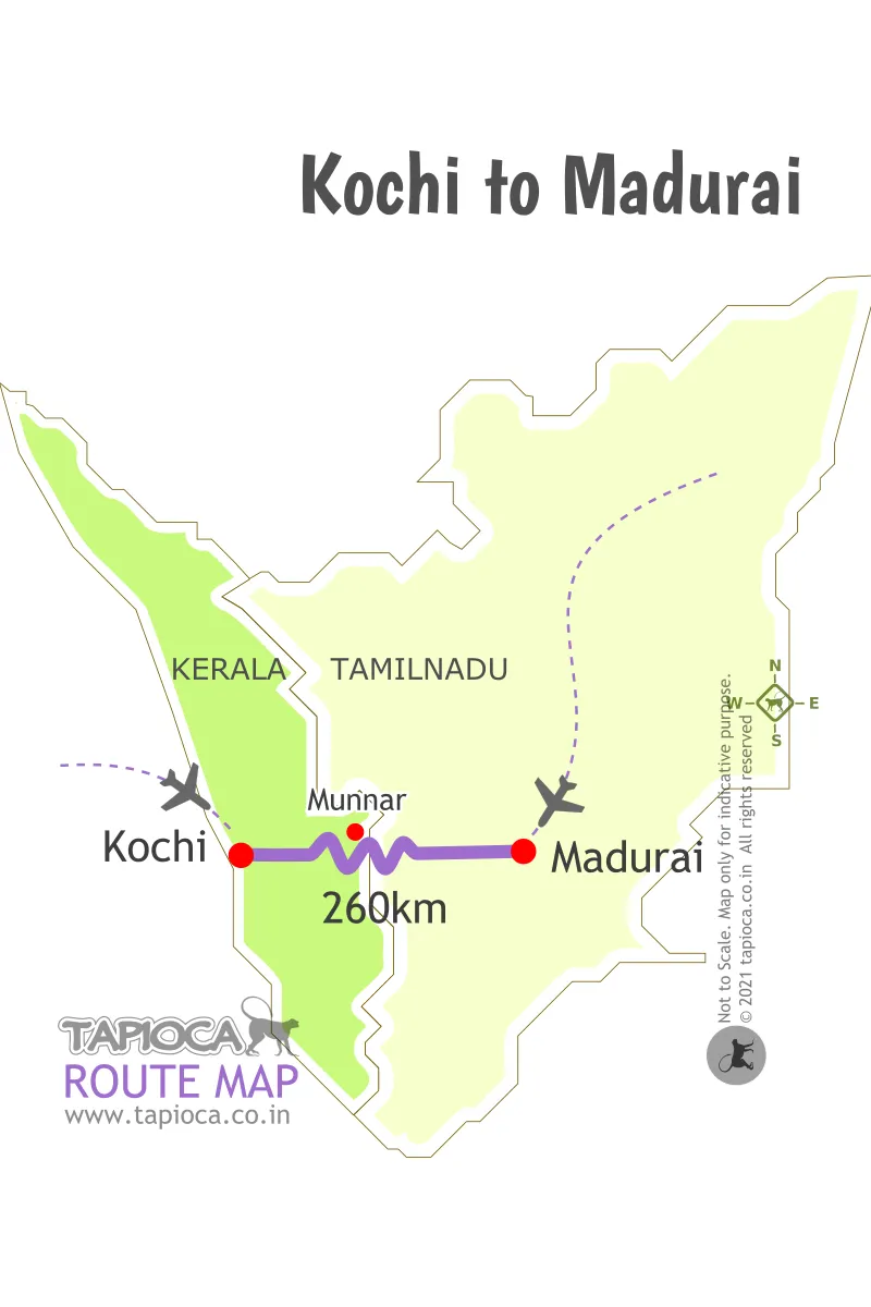 Kochi to Madurai road distance is about 260km
