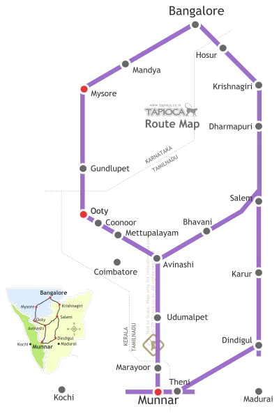Bangalore to Munnar via Salem-Bhavani: Distance 480km Bangalore to Munnar via Mysore & Ooty: Distance 560km. Dindigul-Theni Route ( Munnar from Bangalore via Dindigul: Distance 550km