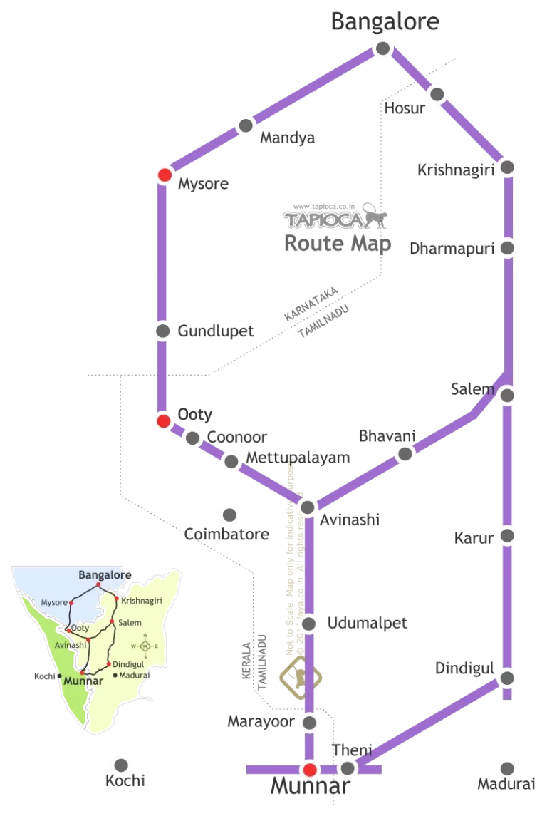 Bangalore to Munnar via Salem-Bhavani: Distance 480km Bangalore to Munnar via Mysore & Ooty: Distance 560km. Dindigul-Theni Route ( Munnar from Bangalore via Dindigul: Distance 550km