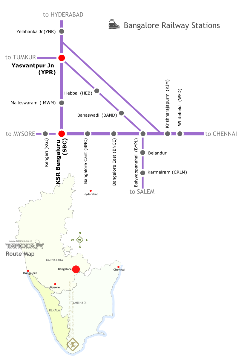 Krantivira Sangolli Rayanna railway station ( Bangalore City Jn  , Code:SBC ) and Yesvantpur Junction (YPR) are the two major railway stations