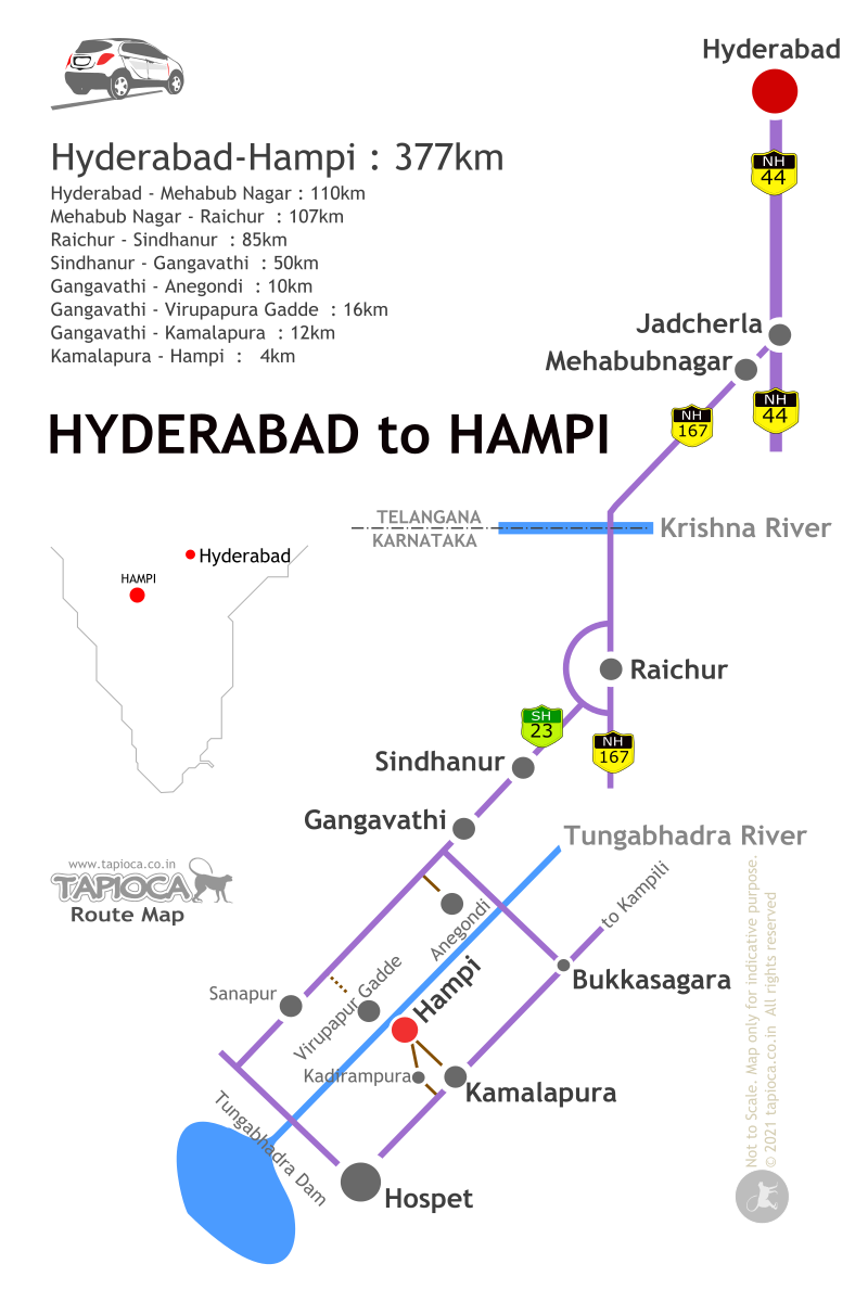 Hyderabad to Hampi is a 8hours drive ( 380km)