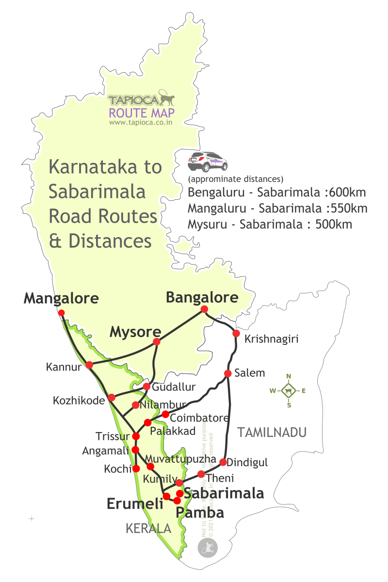 (approminate distances)
Bengaluru - Sabarimala :600km
Mangaluru - Sabarimala :550km
Mysuru - Sabarimala : 500km