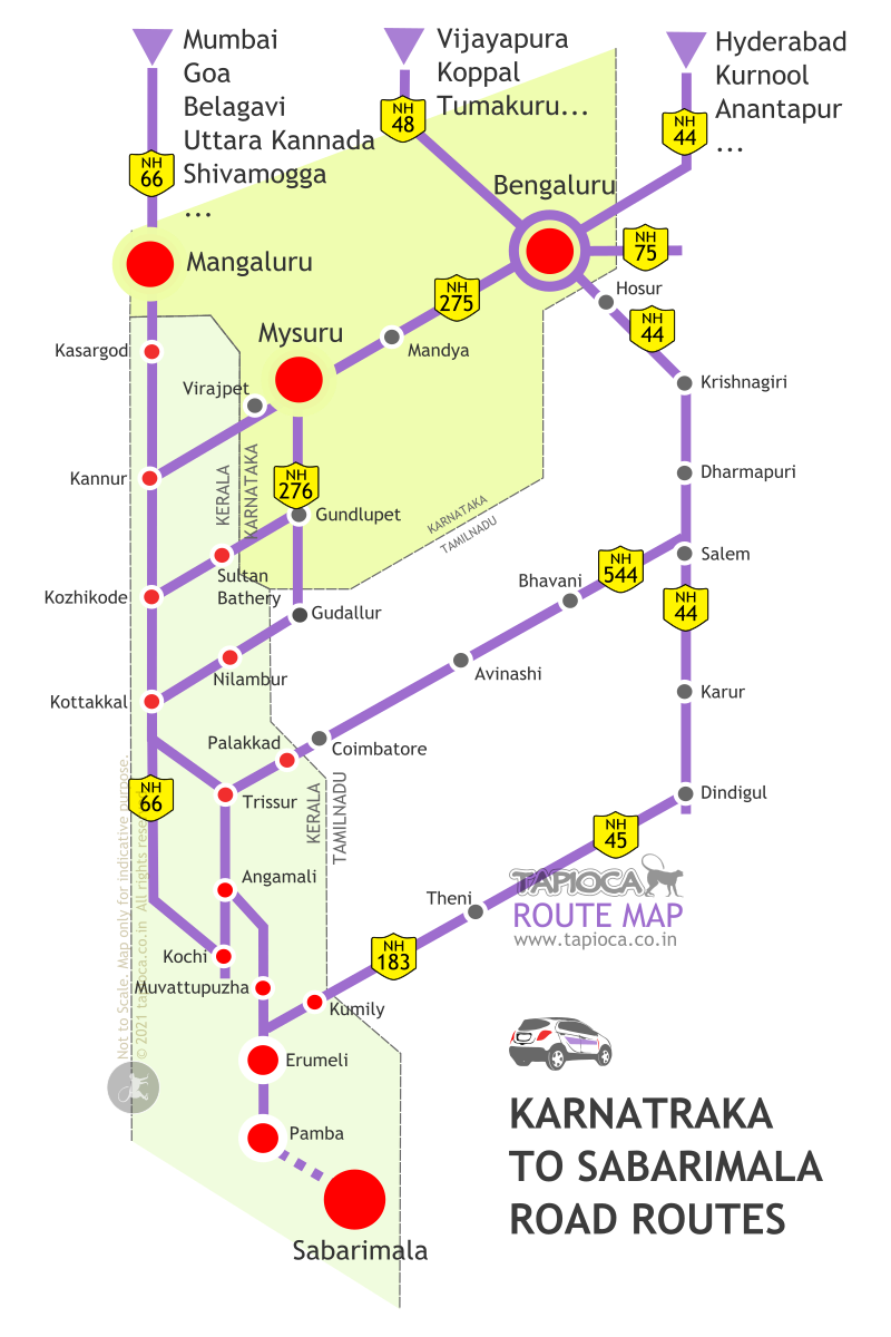 Major routes to Sabarimala from Karnataka. Bengaluru, Mysuru and Mangaluru are well connected with Kerala
