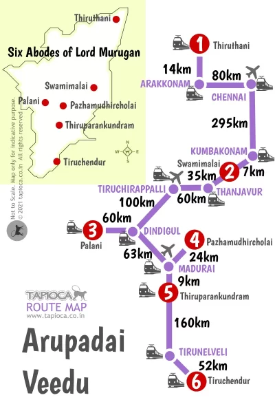Location and approximate distance between the Arupadai Veedu temples