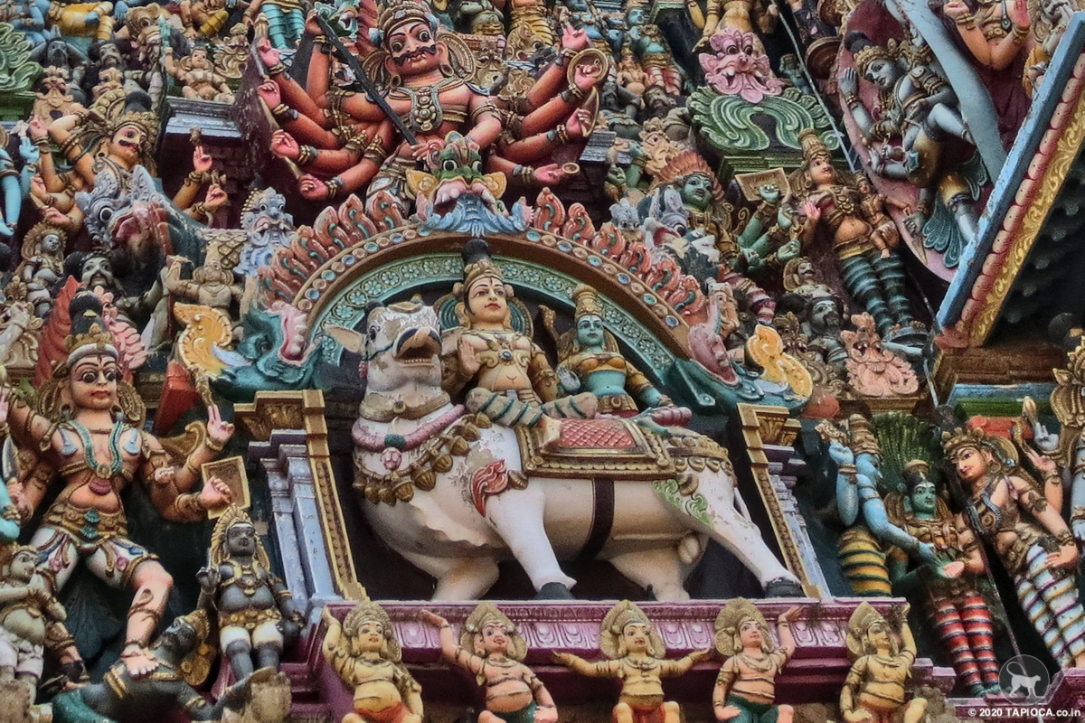 Stucco on the main Tower . Shiva & Parvati on Nandi, the Bull