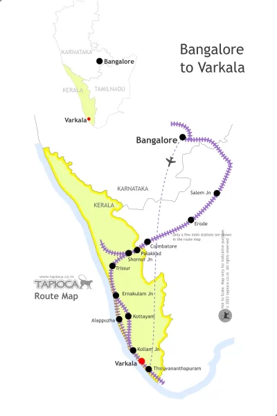 Bangalore to Varkala Train Route and Flight
