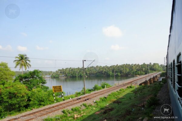 Train pass by the Ashtamudi Backwater in Kerala