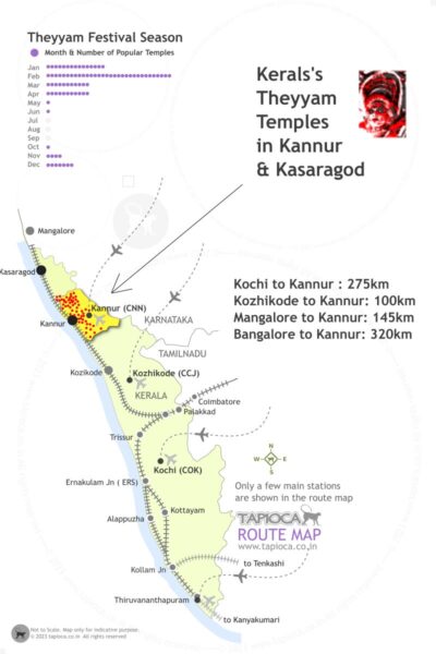Train route map to reach Kannur, the main district where Theyyam is held.