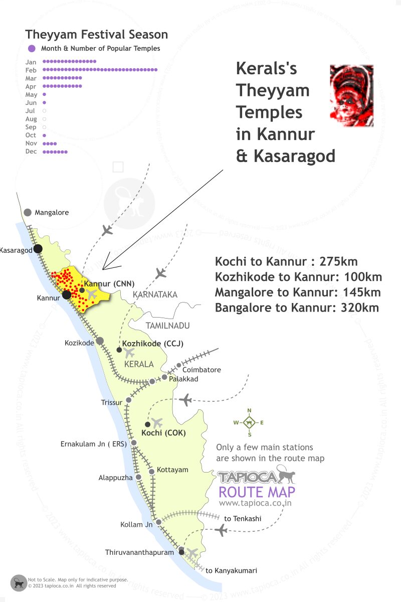 Train route map to reach Kannur, the main district where Theyyam is held. 