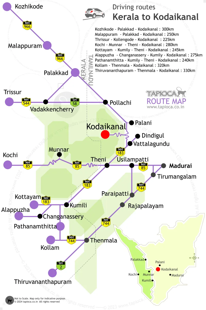 Kerala to Kodaikanal road routes and distances.