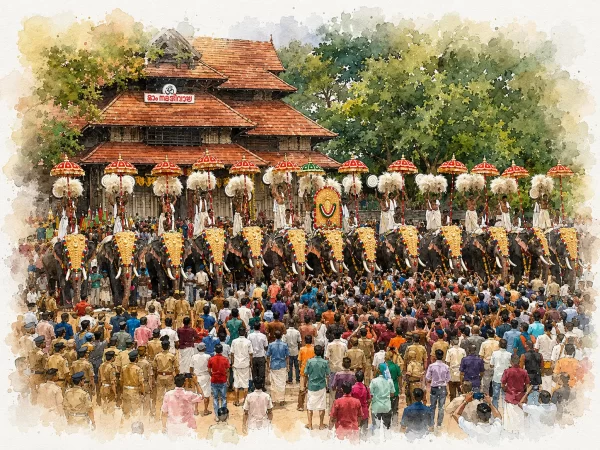 Kerala temple festival procession Trissur Pooram