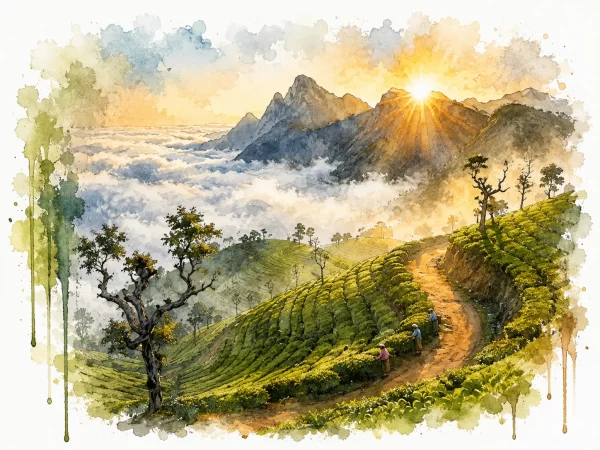 Mist over terraced tea hills at dawn