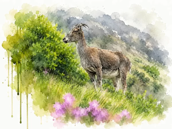 Mountain goat in a misty meadow