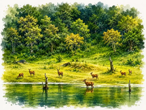 Sunlit forest glade with grazing deer at Thekkady