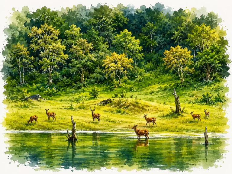 Sunlit forest glade with grazing deer at Thekkady