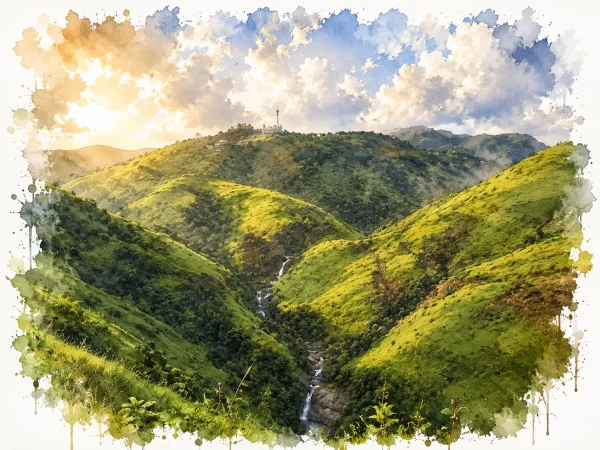 Sunlit valley with waterfalls and hills in Vagamon