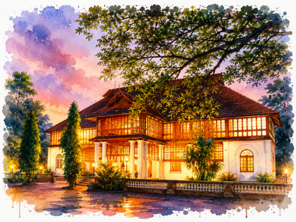 Bolgatty Palace standing amid landscaped gardens on Bolgatty Island, overlooking the tranquil backwaters of Kochi.