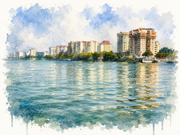 This panoramic view reveals the city's modern skyline reflected in the calm waters, blending high-rise buildings with Ernakulam's historic waterfront setting.