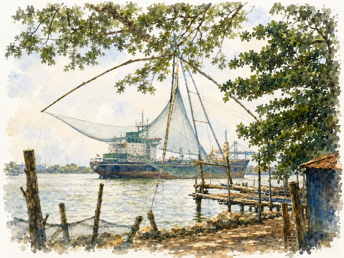 Fort Kochi shipping channel has Chinese fishing net lines.