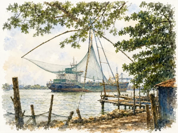 Fort Kochi shipping channel has Chinese fishing net lines.