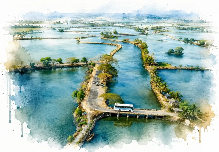 Narrow road winding through villages, canals, and coconut groves in Kadamakkudy