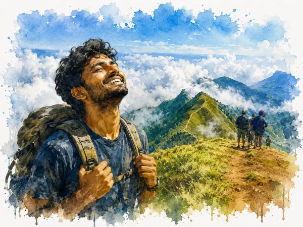 Seen along the well-marked trail, the route winds through open hills before gradually climbing towards Meesapulimala.